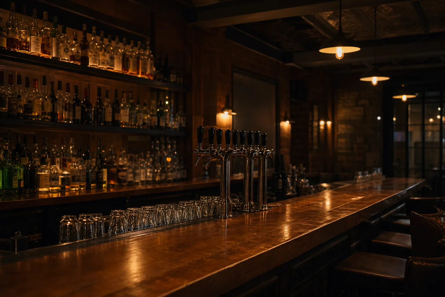 Empty bar counter with glasses and a beer tap under warm lighting