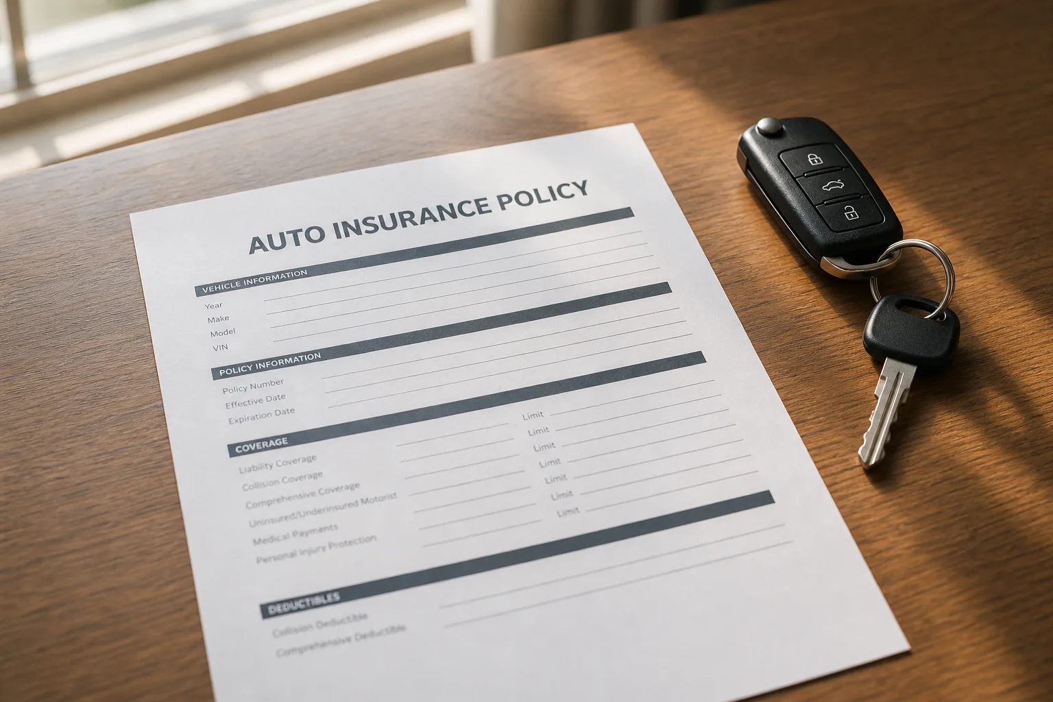 Auto insurance policy document and car keys on a table