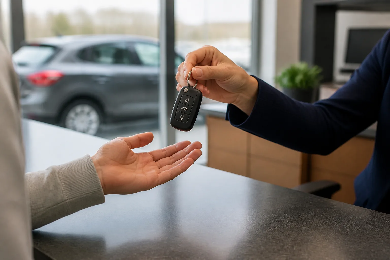A customer receiving rental car keys at a counter after a crash