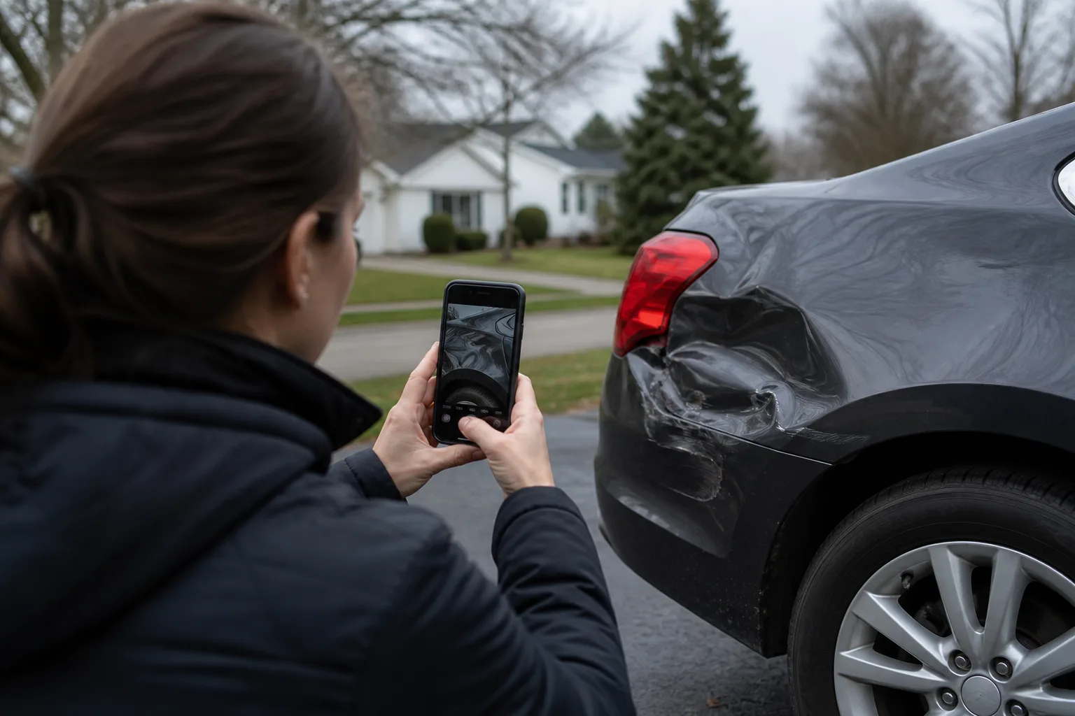 A driver photographing vehicle damage with a smartphone to document a claim