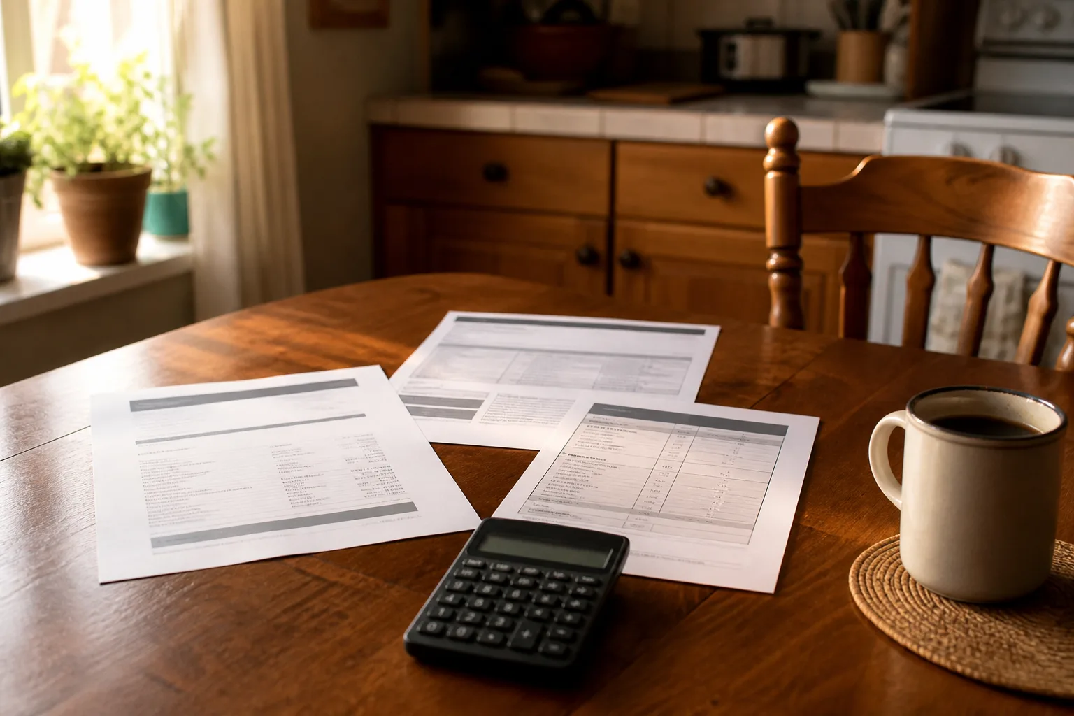Insurance paperwork and a repair estimate spread out on a kitchen table