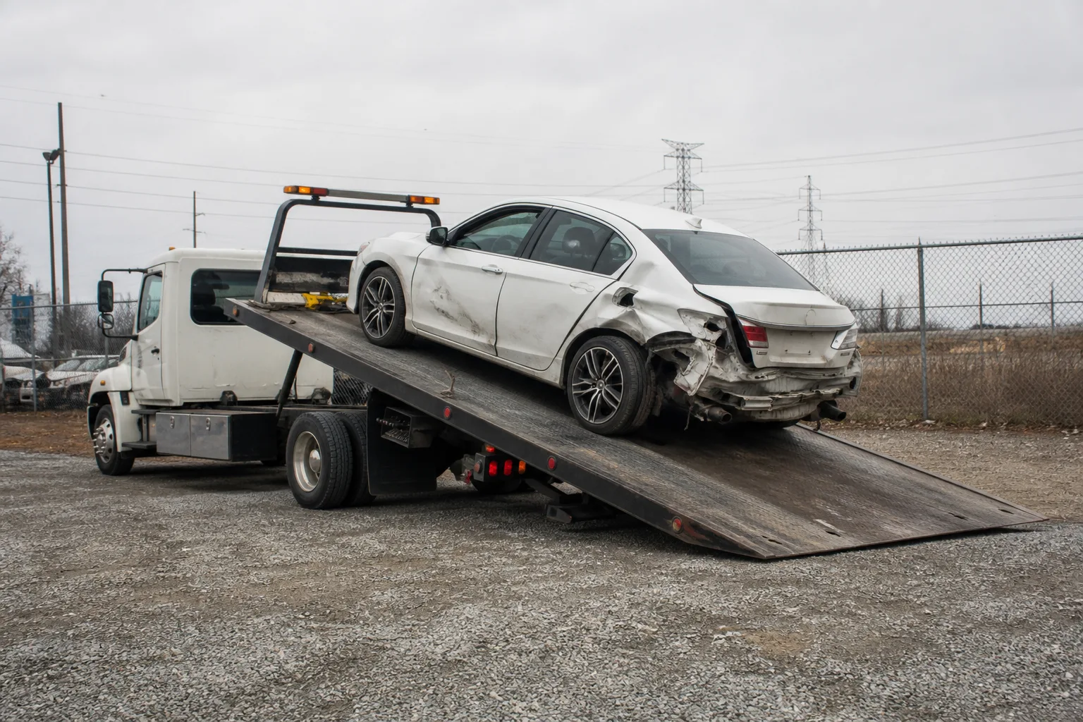 A flatbed tow truck loading a damaged car at an Indiana storage lot