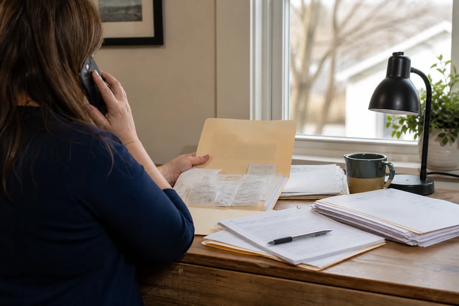 A person on the phone organizing rental and repair receipts for an insurance claim
