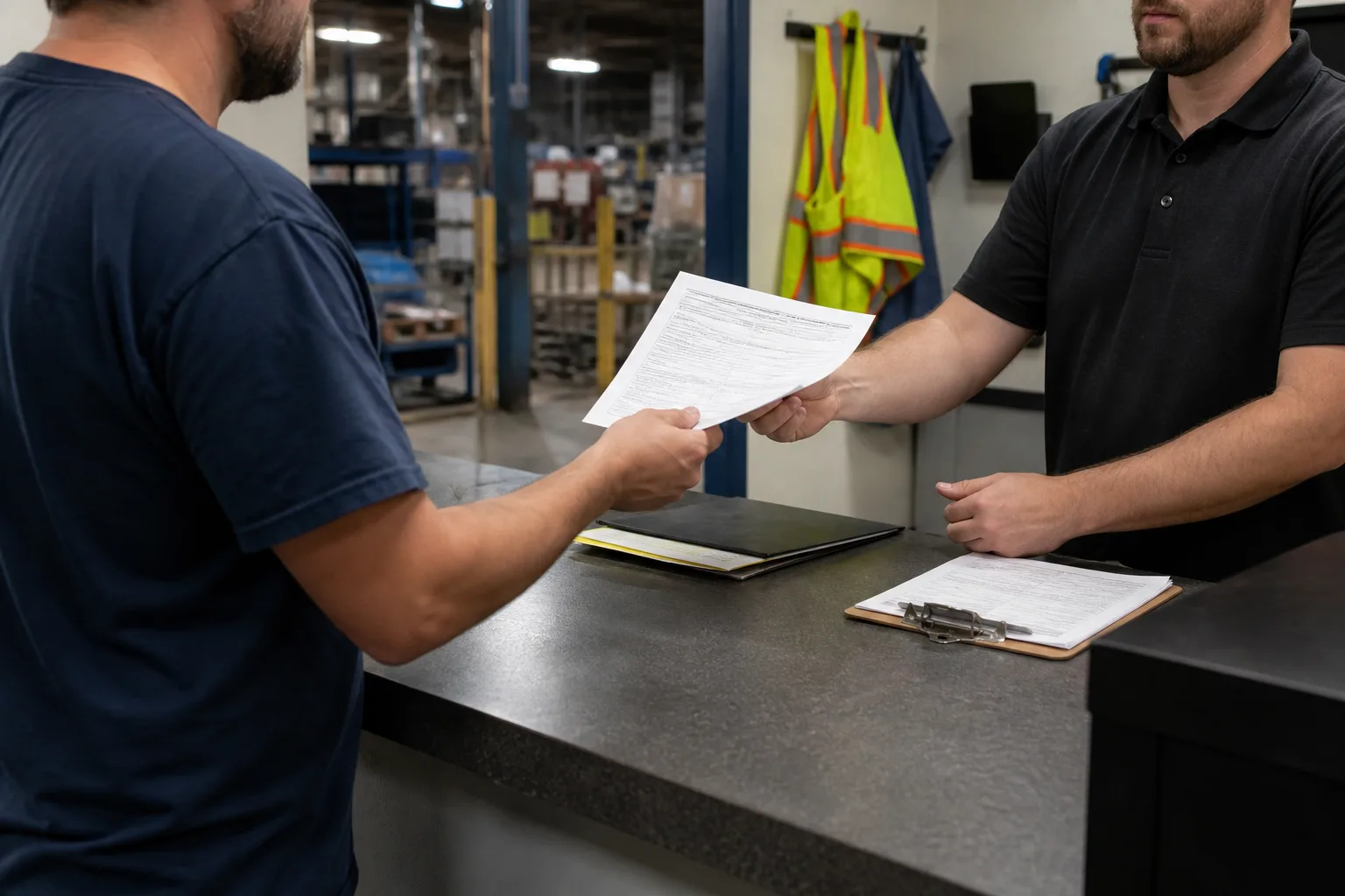Employee submitting a written workplace injury report to a supervisor