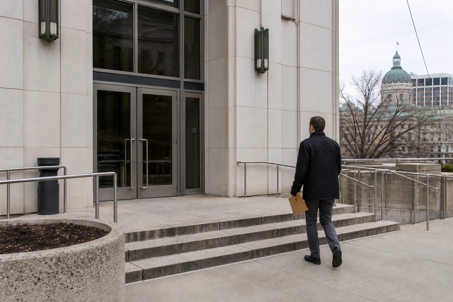 Visitor carrying documents toward an Indiana government office entrance