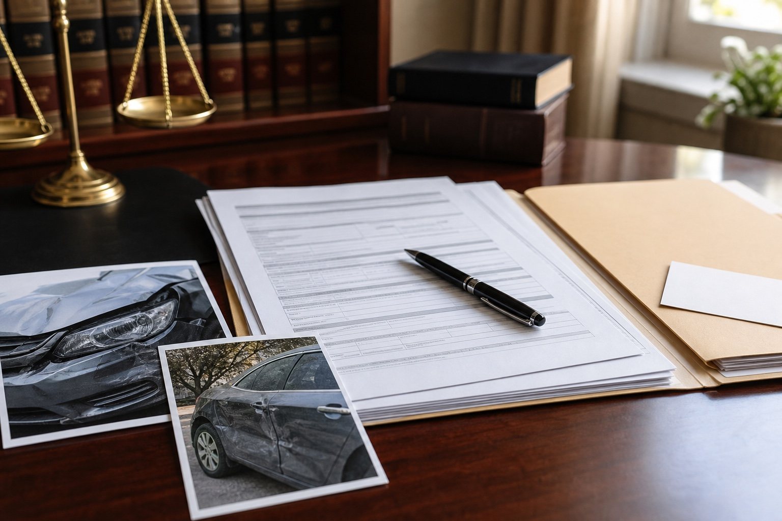 Indiana car accident evidence file with police report vehicle damage photos insurance notes and medical appointment card