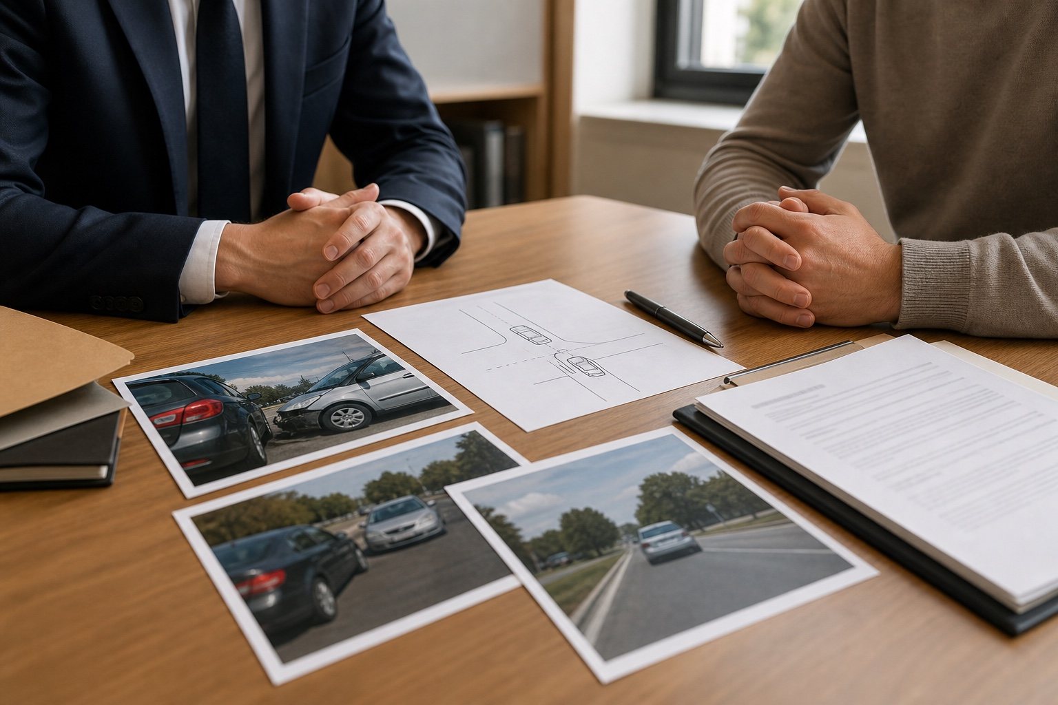 Fort Wayne personal injury consultation reviewing crash photos and a fault diagram after an Indiana police report dispute