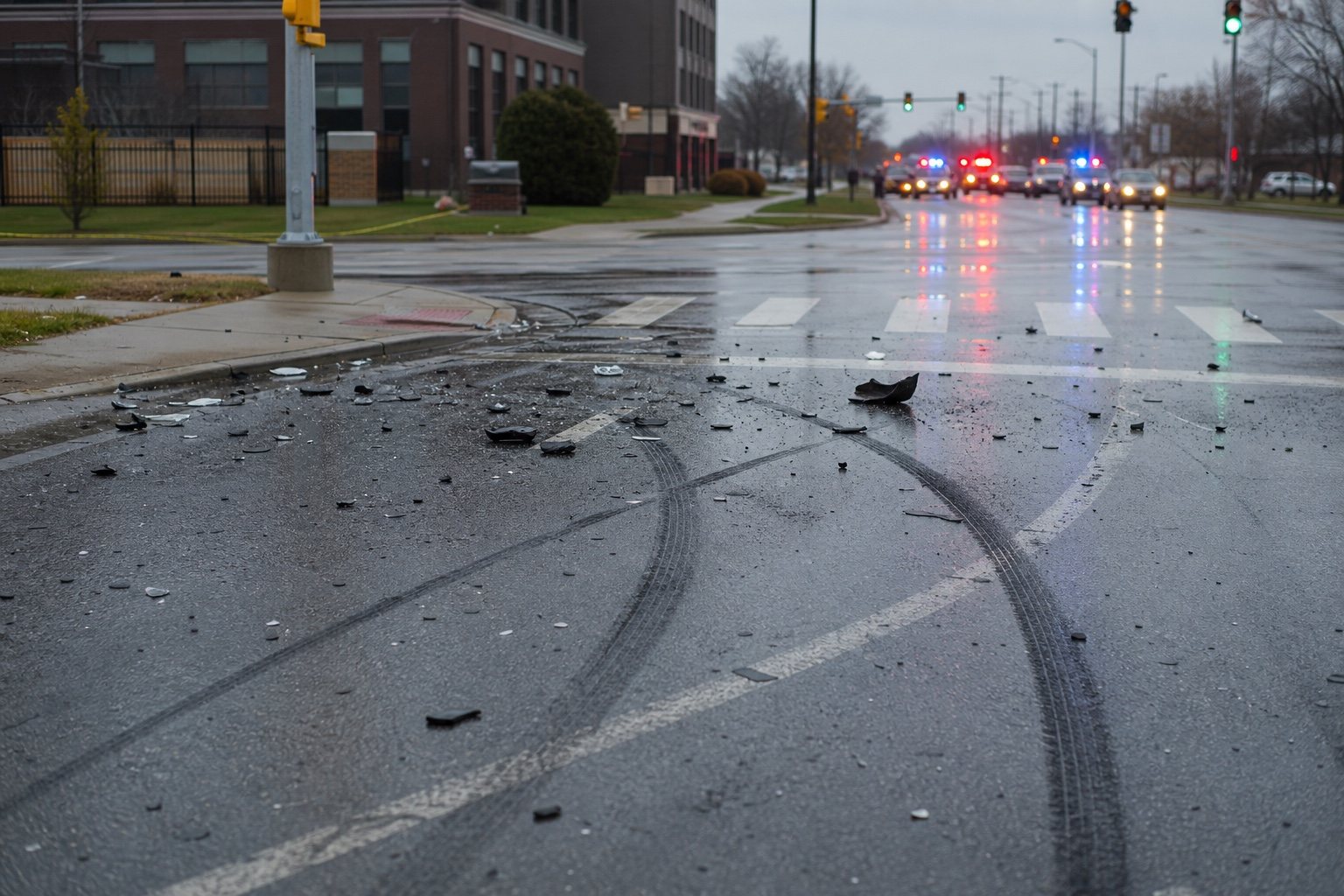 Fort Wayne intersection crash evidence with debris and emergency lights relevant to disputed fault