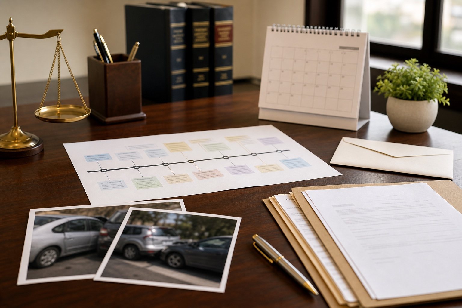 Personal injury claim timeline with crash photos medical bills and calendar deadline after an Indiana fault dispute