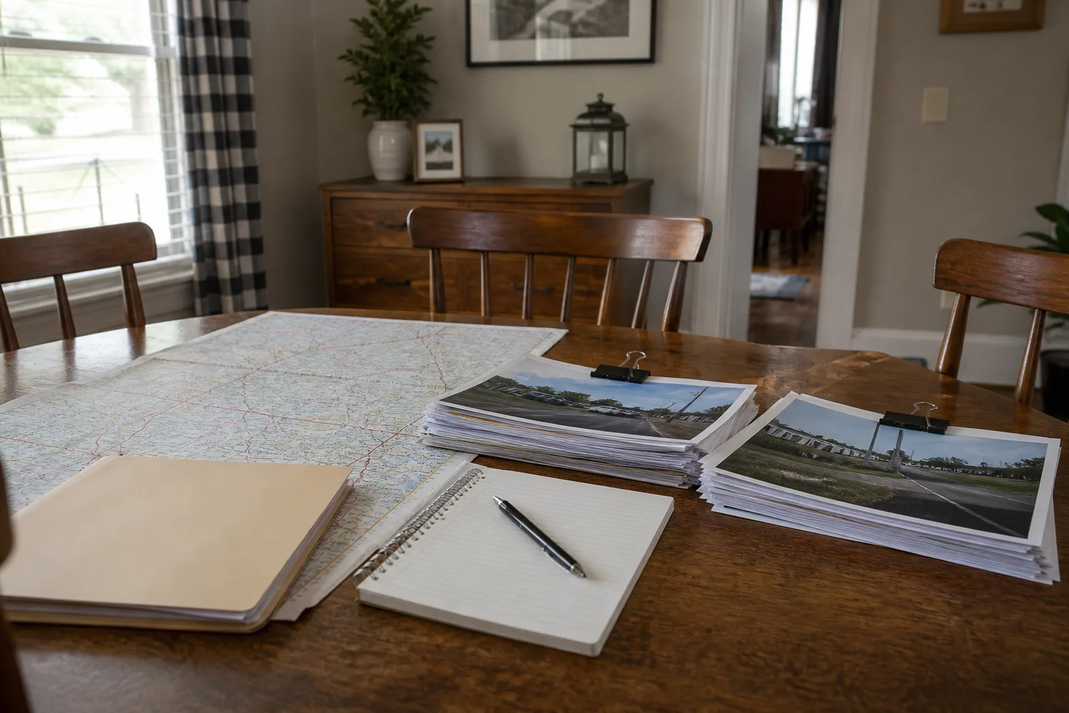 Organized crash records and an Indiana map on a dining table