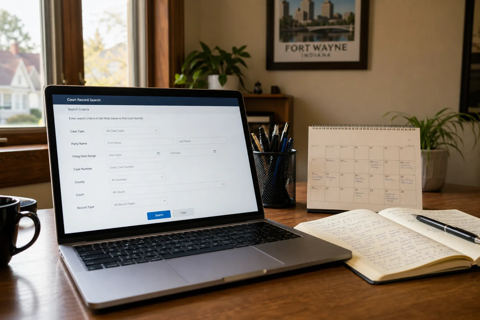 Court-record search and calendar in a Fort Wayne home office