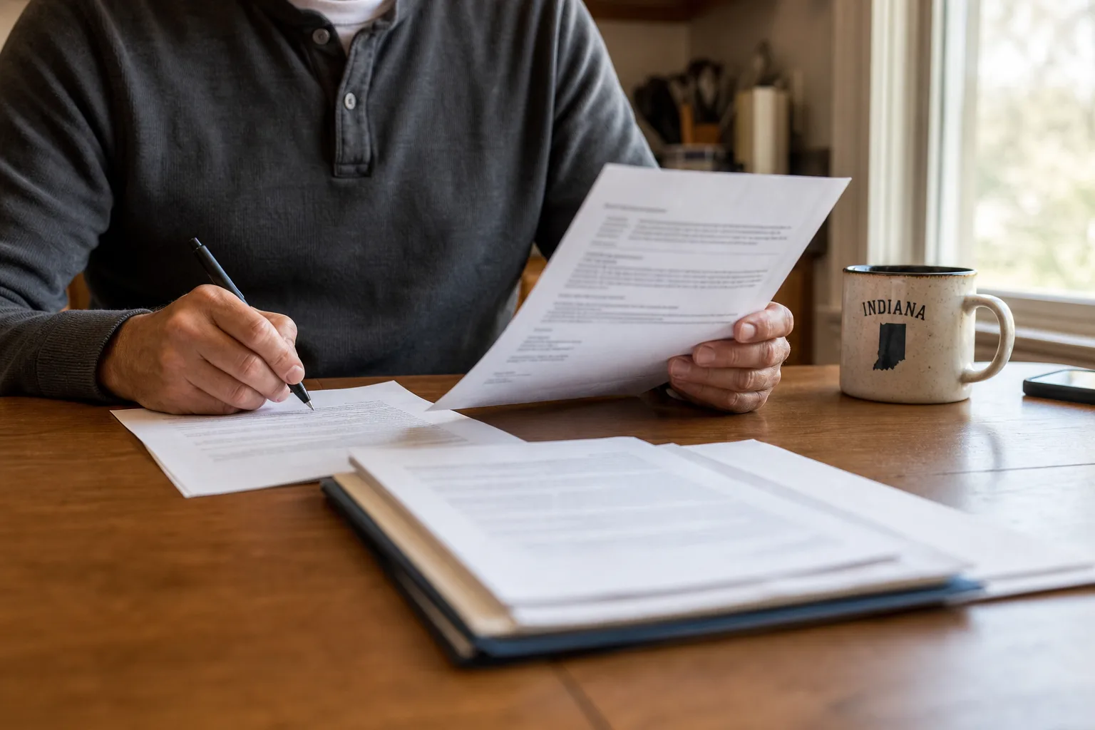 Indiana driver reviewing an auto insurance policy and preparing written notice