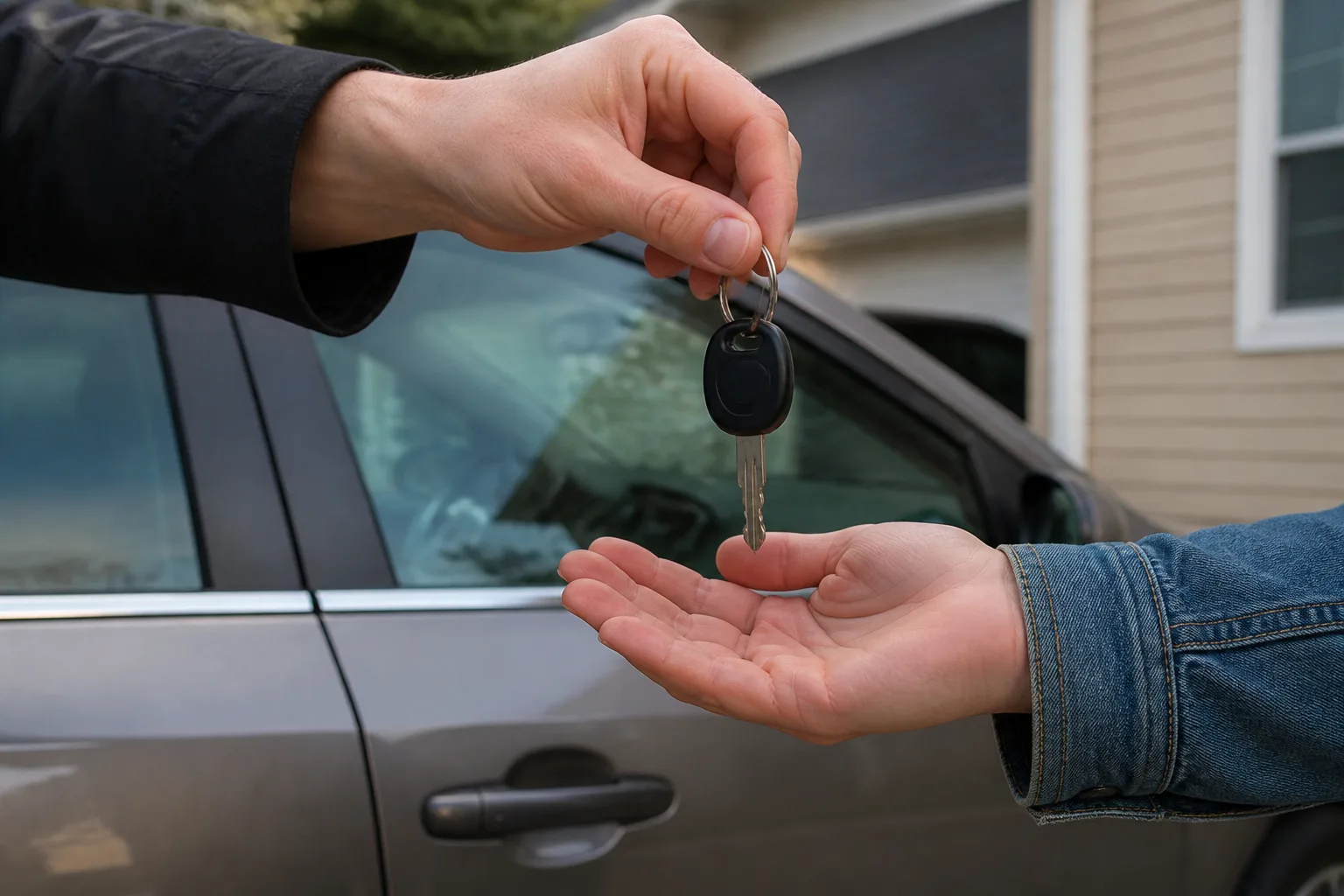 One person handing car keys to another at a kitchen table, illustrating lending a vehicle