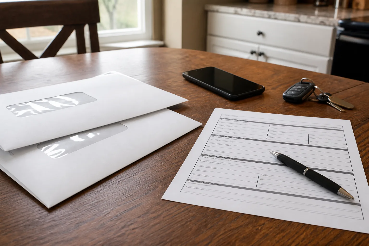 Person reviewing auto insurance policy declarations pages at a home desk