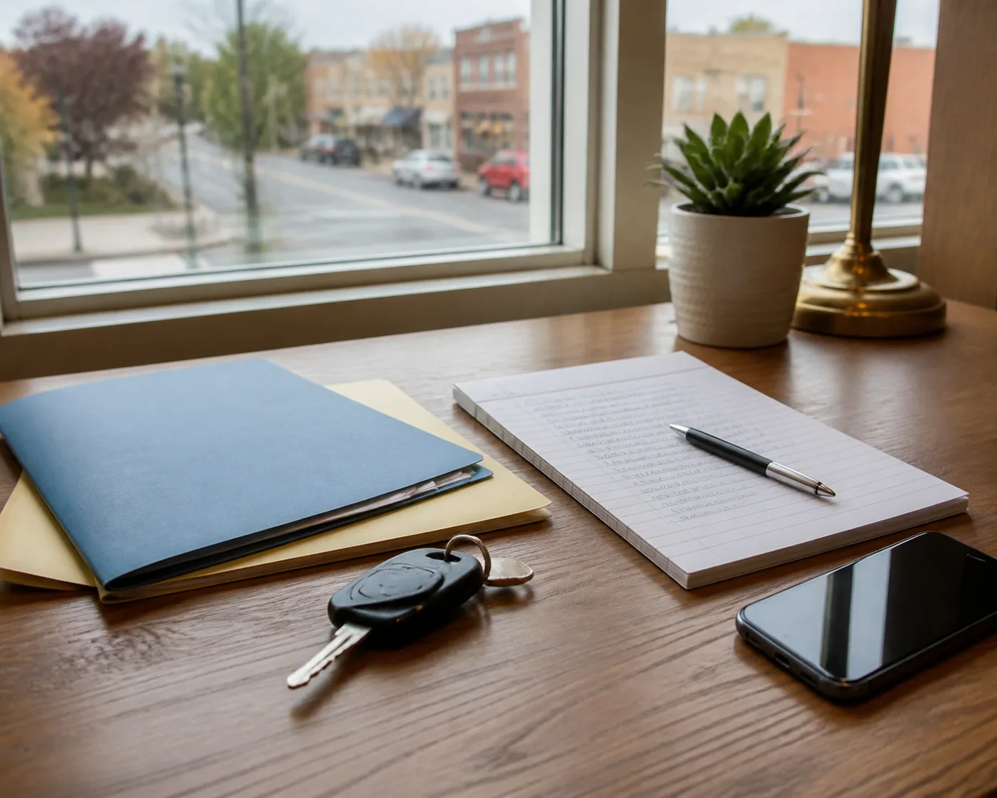 Welcoming law office consultation area with a window overlooking a Fort Wayne street