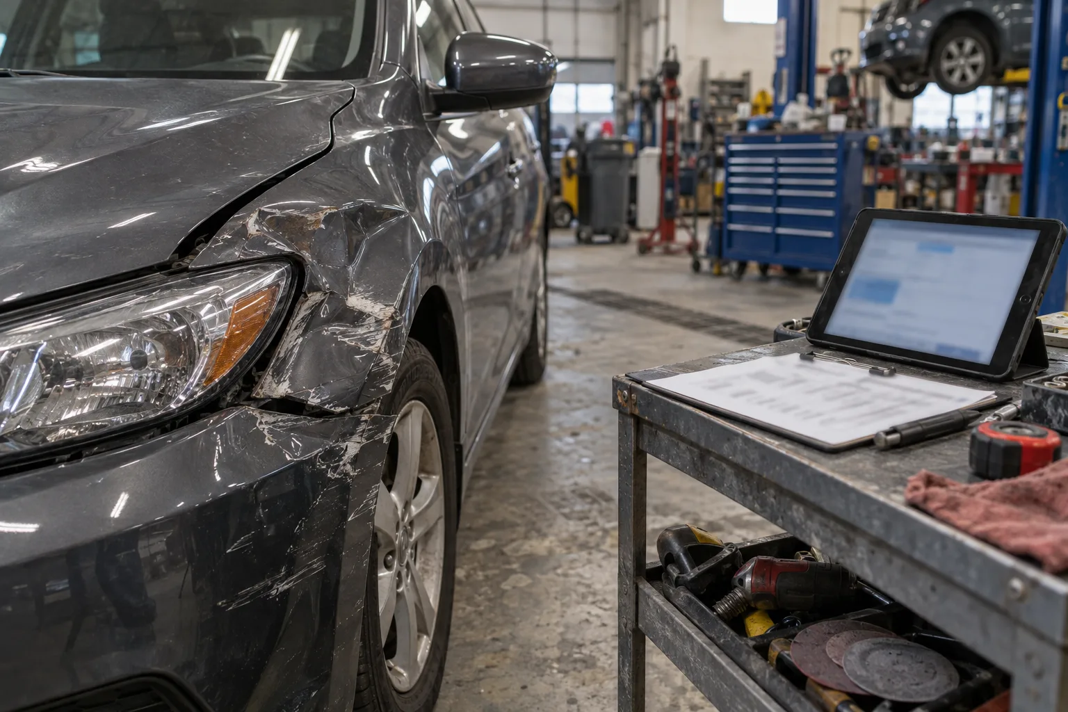 Damaged car fender beside repair-estimate documents in an Indiana body shop