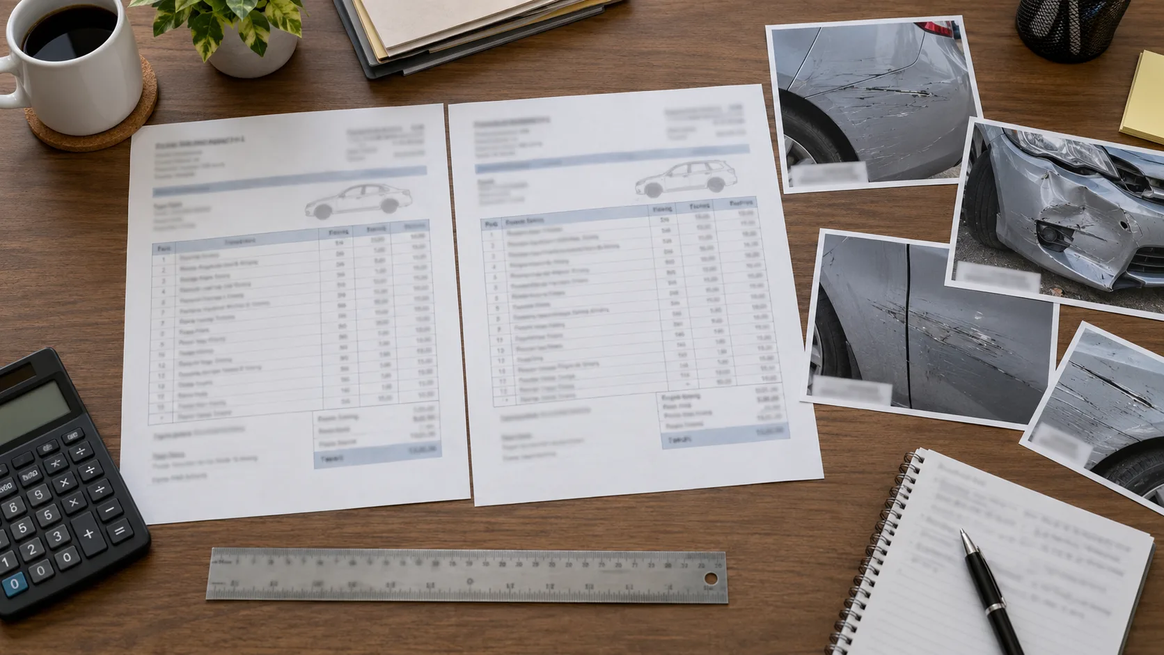 Two itemized crash-repair estimates being compared on a desk
