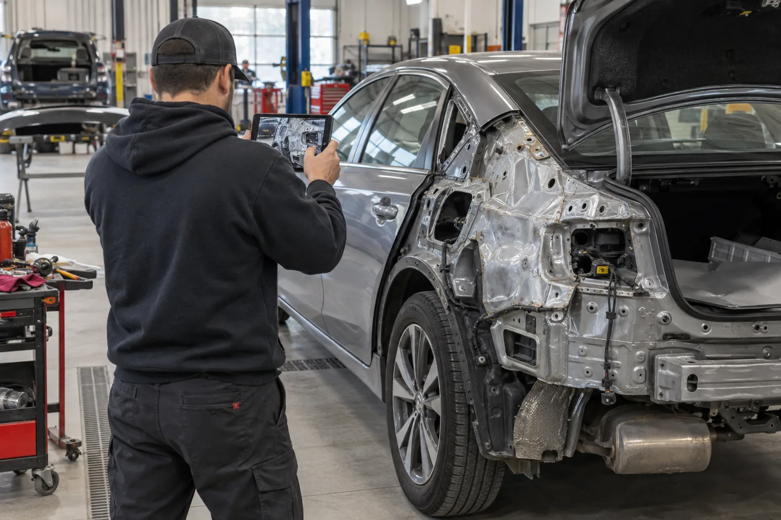 Technician documenting hidden vehicle damage during disassembly