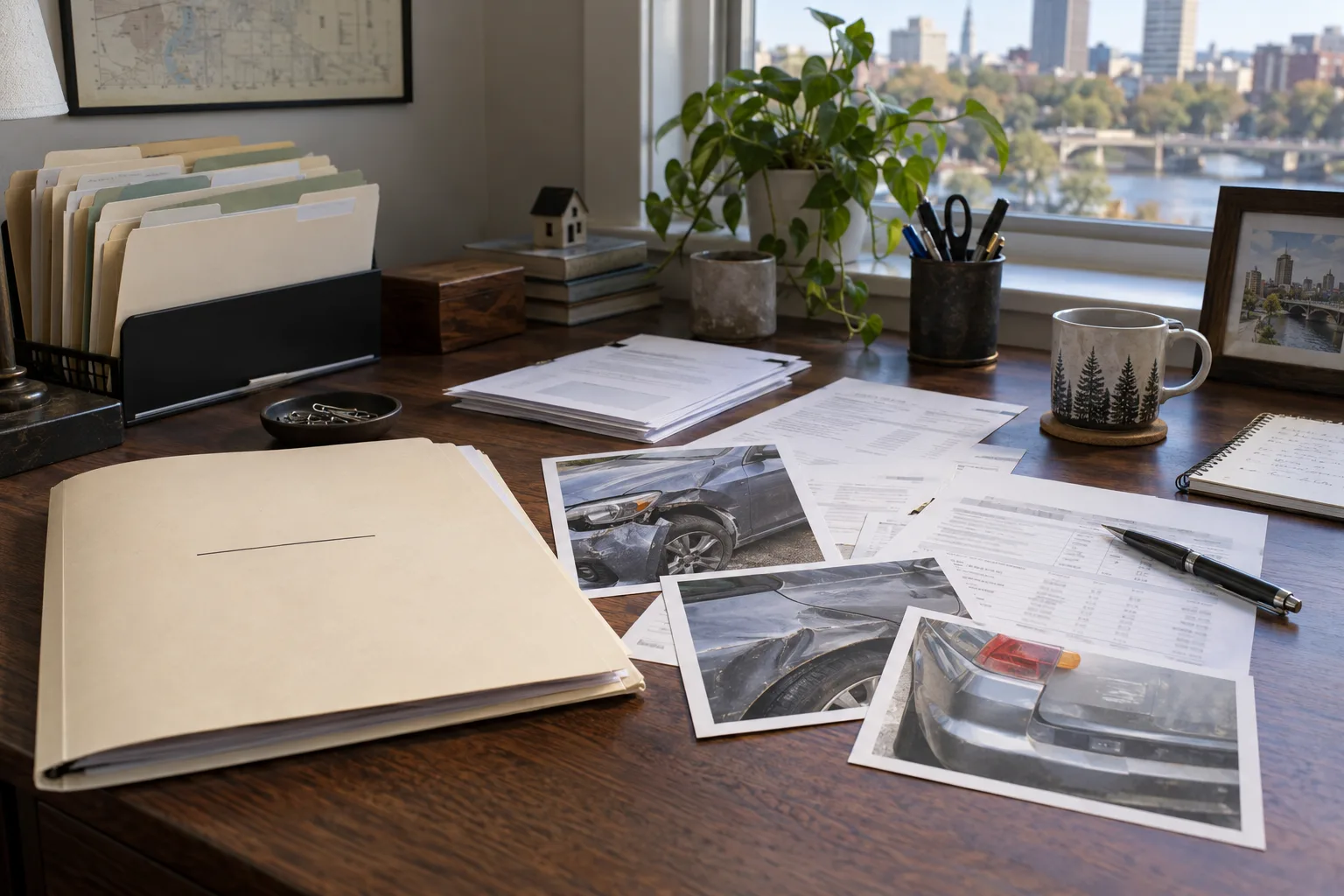 Crash-repair and insurance documents organized for a claim dispute