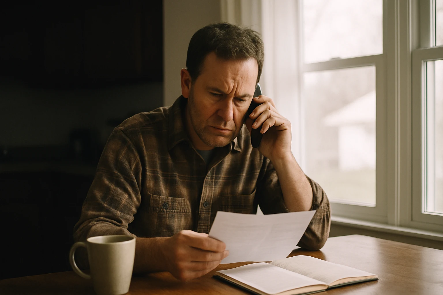 A man on a phone call with an insurance adjuster, looking concerned, at a kitchen table in Fort Wayne