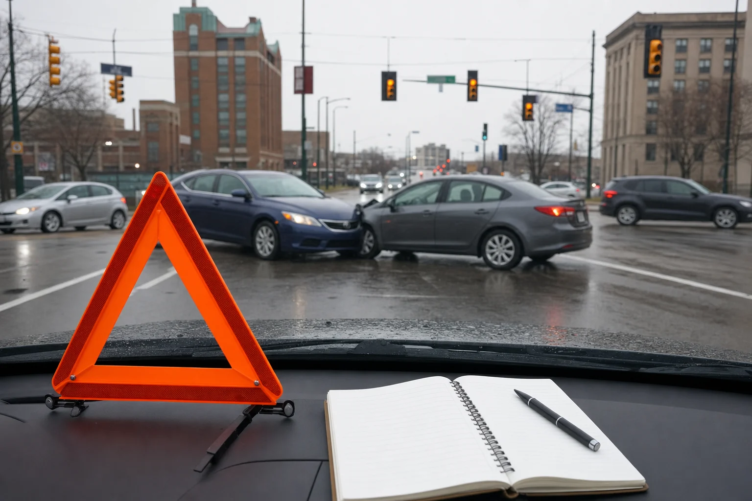 Crash scene photos showing roadway conditions and vehicle positions without graphic content