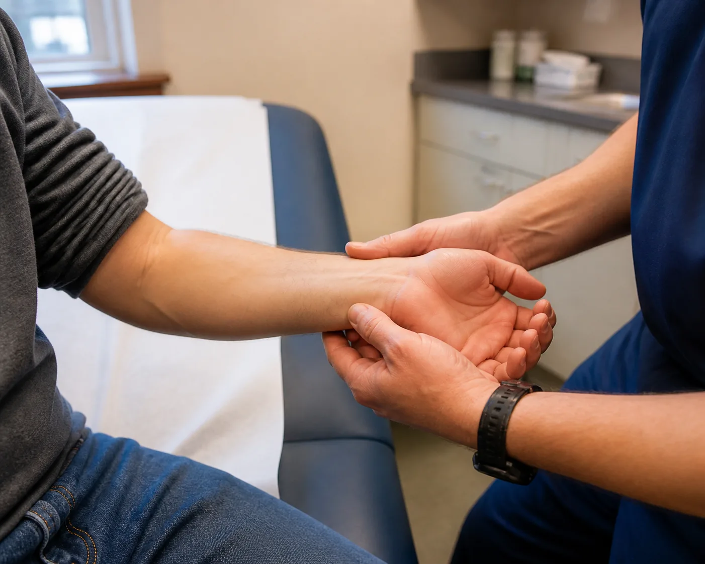 Healthcare professional examining a patient's wrist after a fall.
