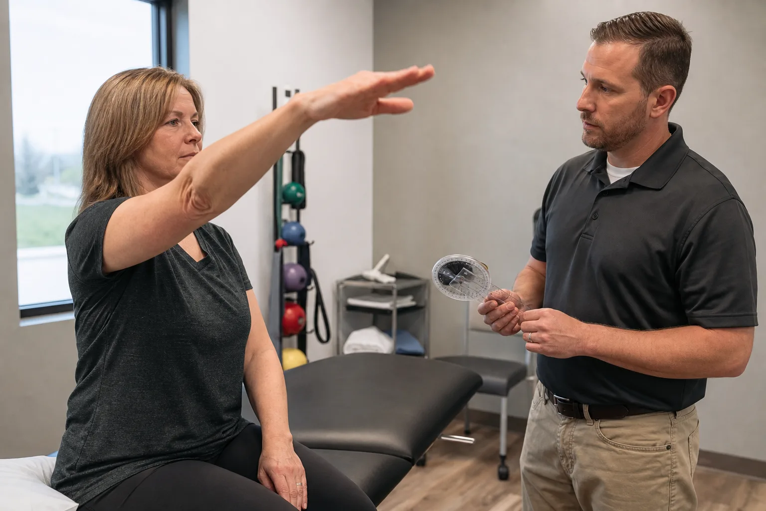 Clinician assessing a patient's shoulder movement after a fall.