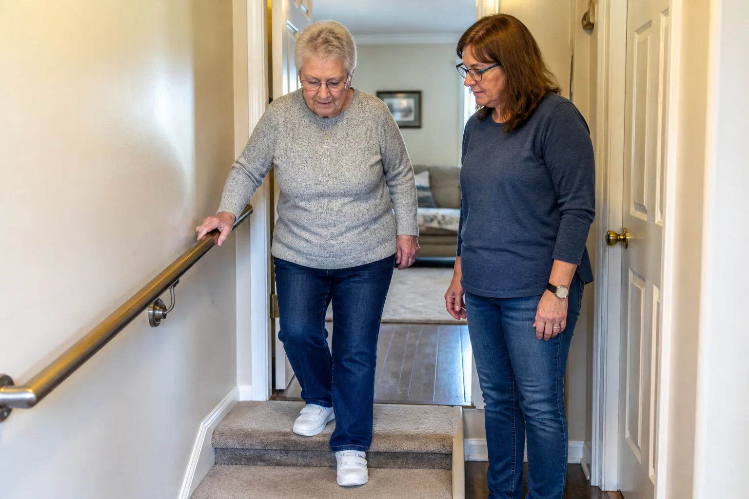 Older adult using a handrail on an indoor step.