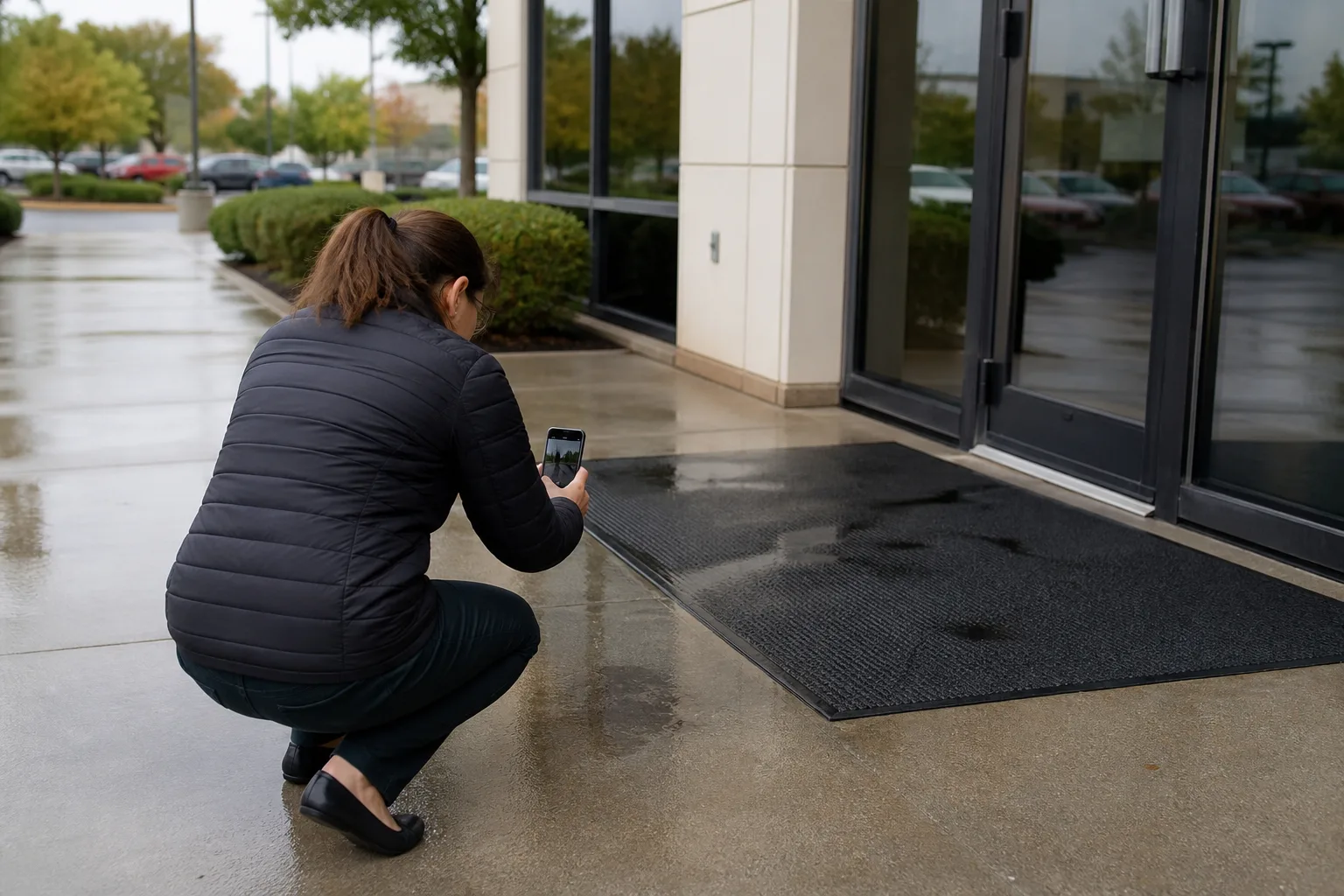 Person photographing a damp walkway and entrance mat after a fall.