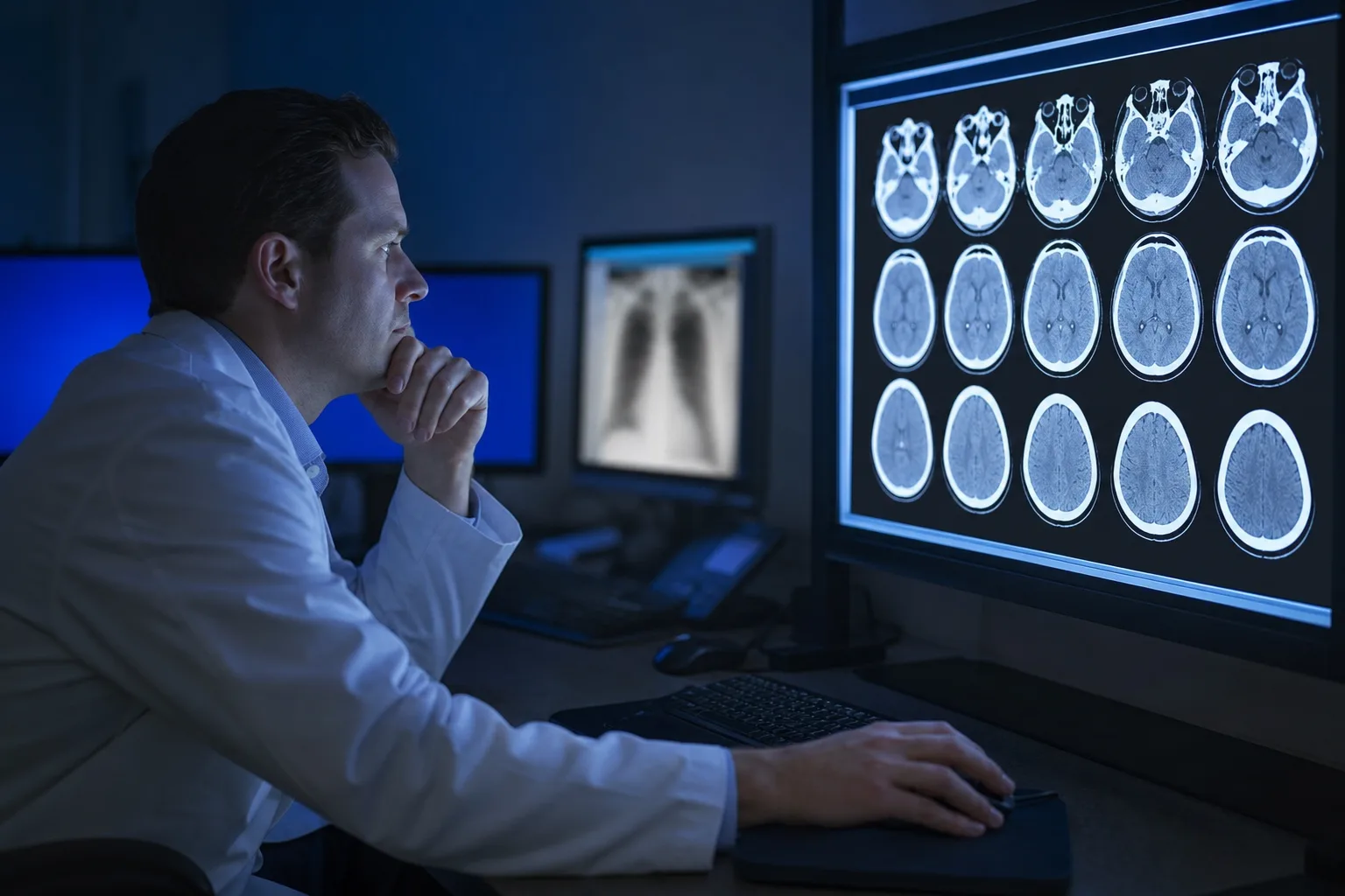 A radiologist reviewing a normal brain CT scan on a monitor, reflecting how concussions can be invisible on imaging