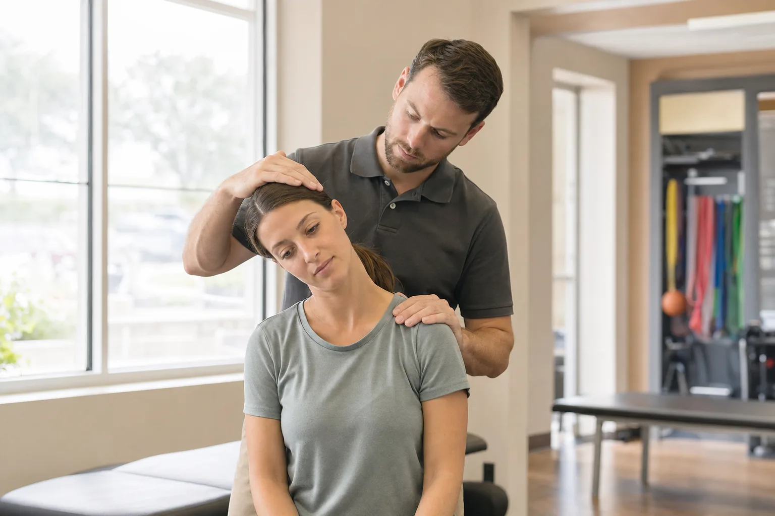 A physical therapist examining a patient's neck to document a soft-tissue whiplash injury