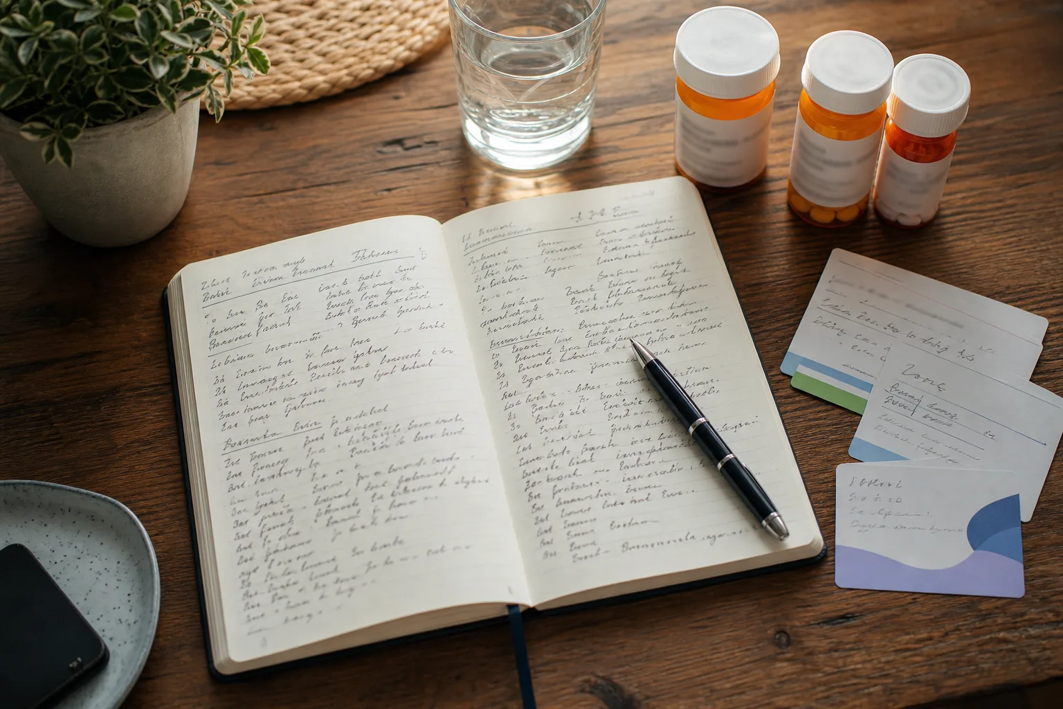 A symptom journal, medications, and appointment cards on a table, illustrating careful injury documentation