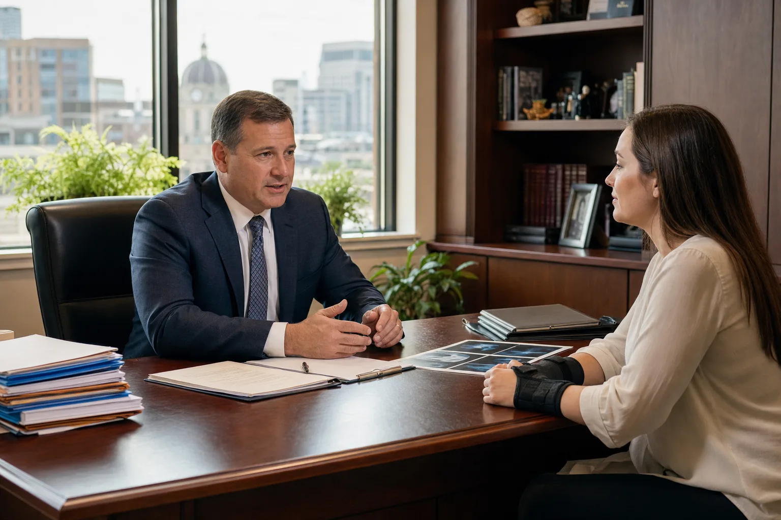 An attorney reviewing medical records with an injured client in a Fort Wayne law office