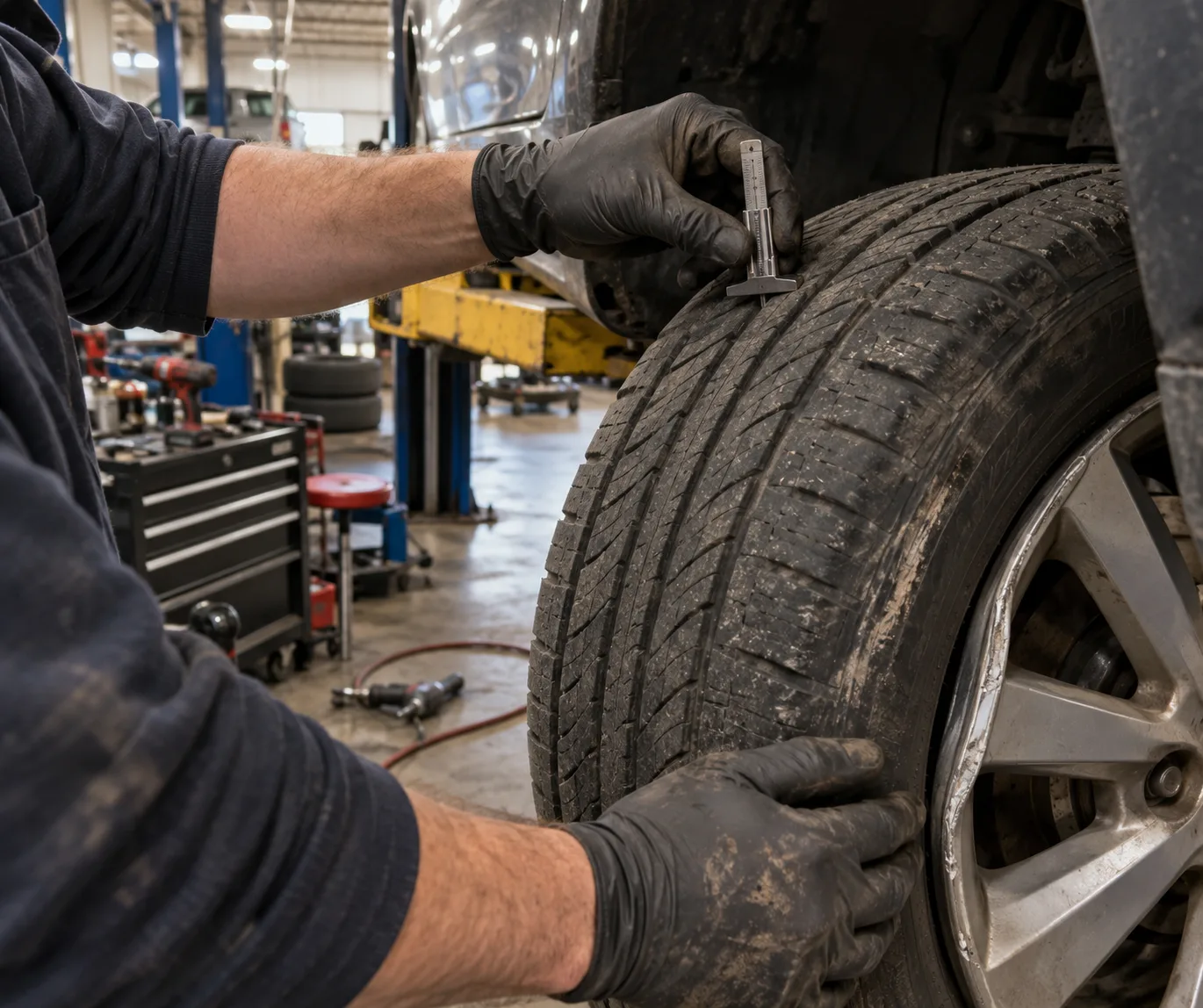Technician measuring the remaining tread on a vehicle tire