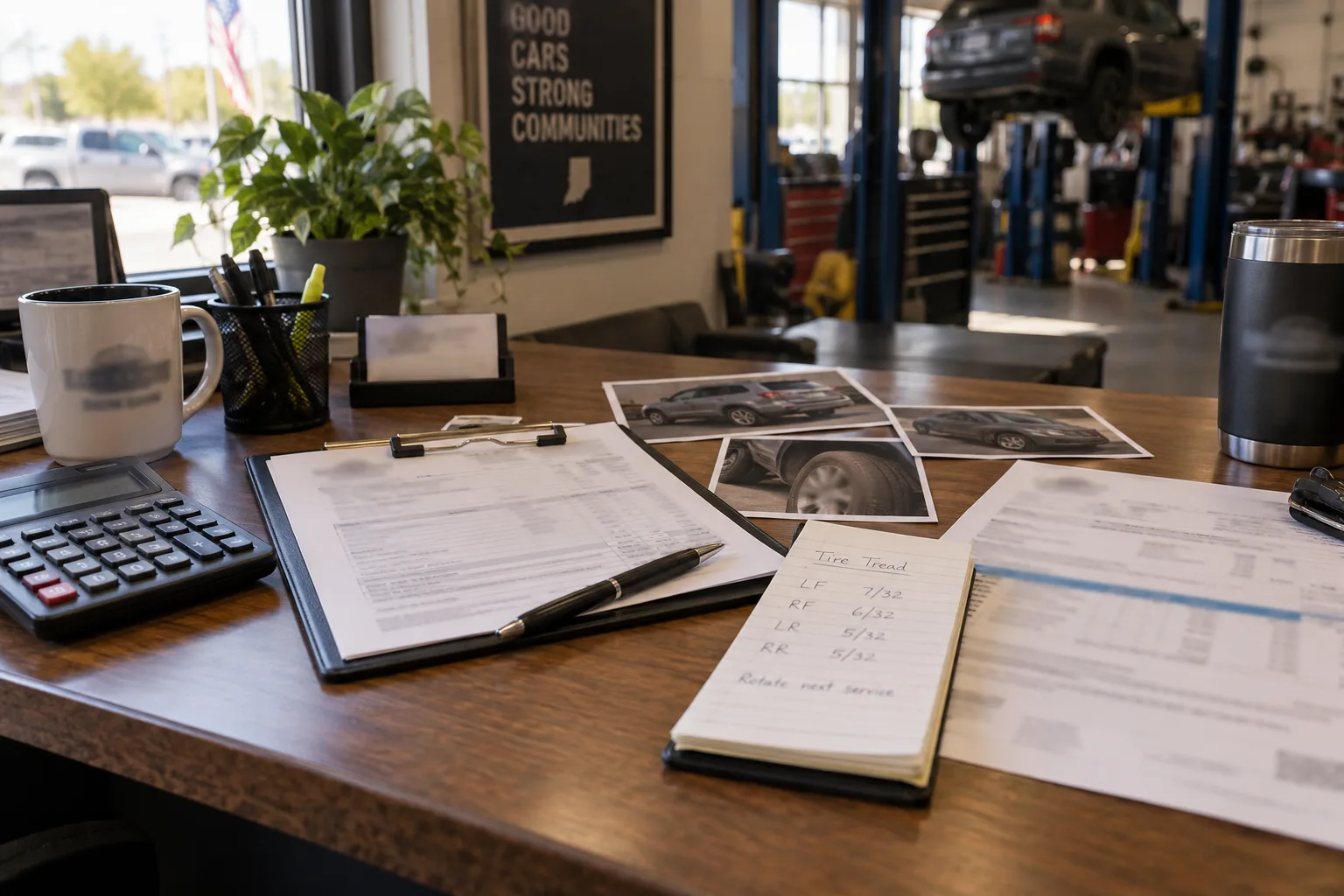 Repair estimate and supporting vehicle records organized on a desk