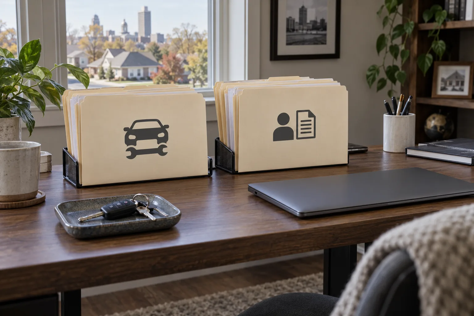 Separate folders used to organize vehicle-damage and personal records