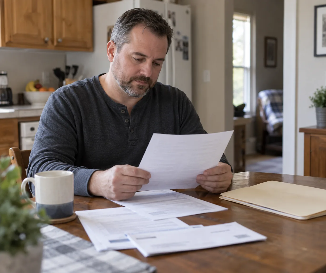 Person reviewing a settlement demand letter at a kitchen table