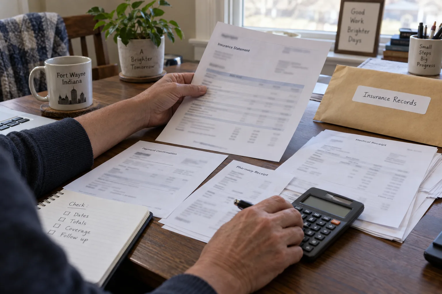 Hands checking dates and totals in an insurance claim file