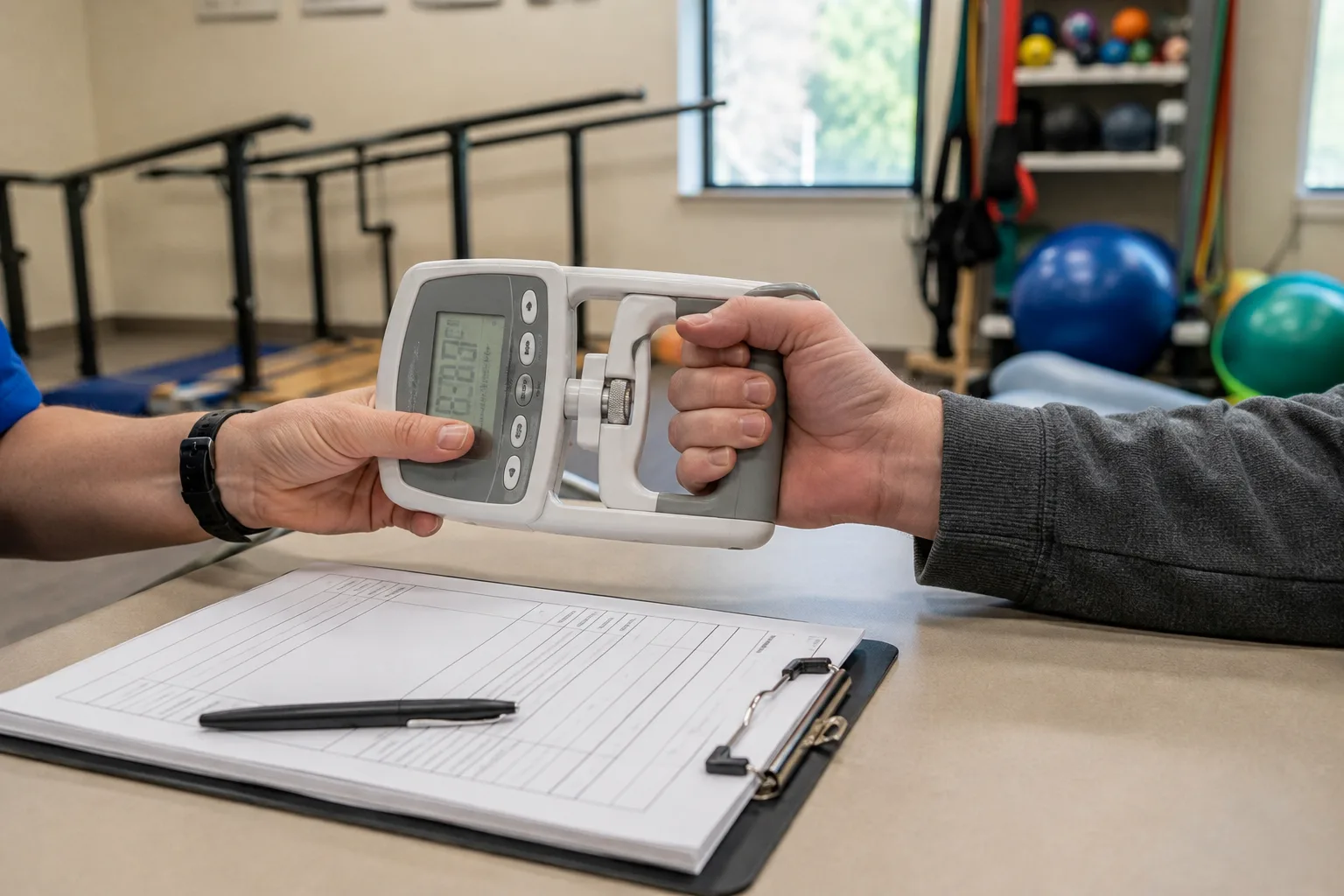 Grip-strength testing equipment used during a functional assessment