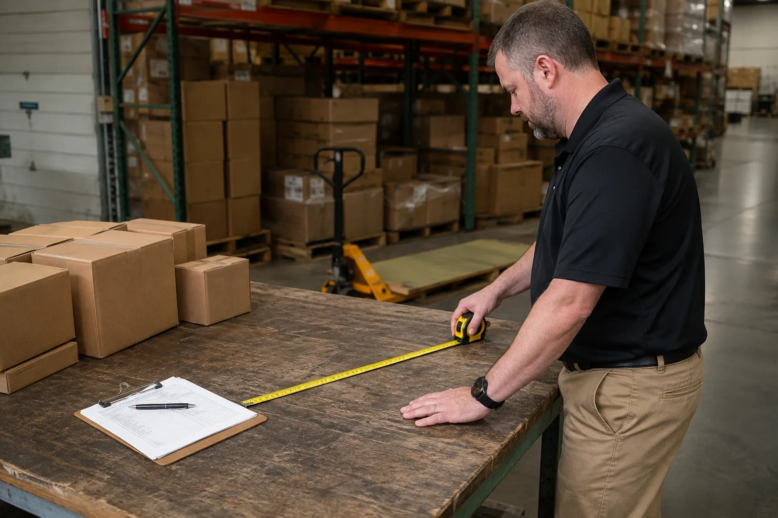 Warehouse workstation being reviewed for physical job demands