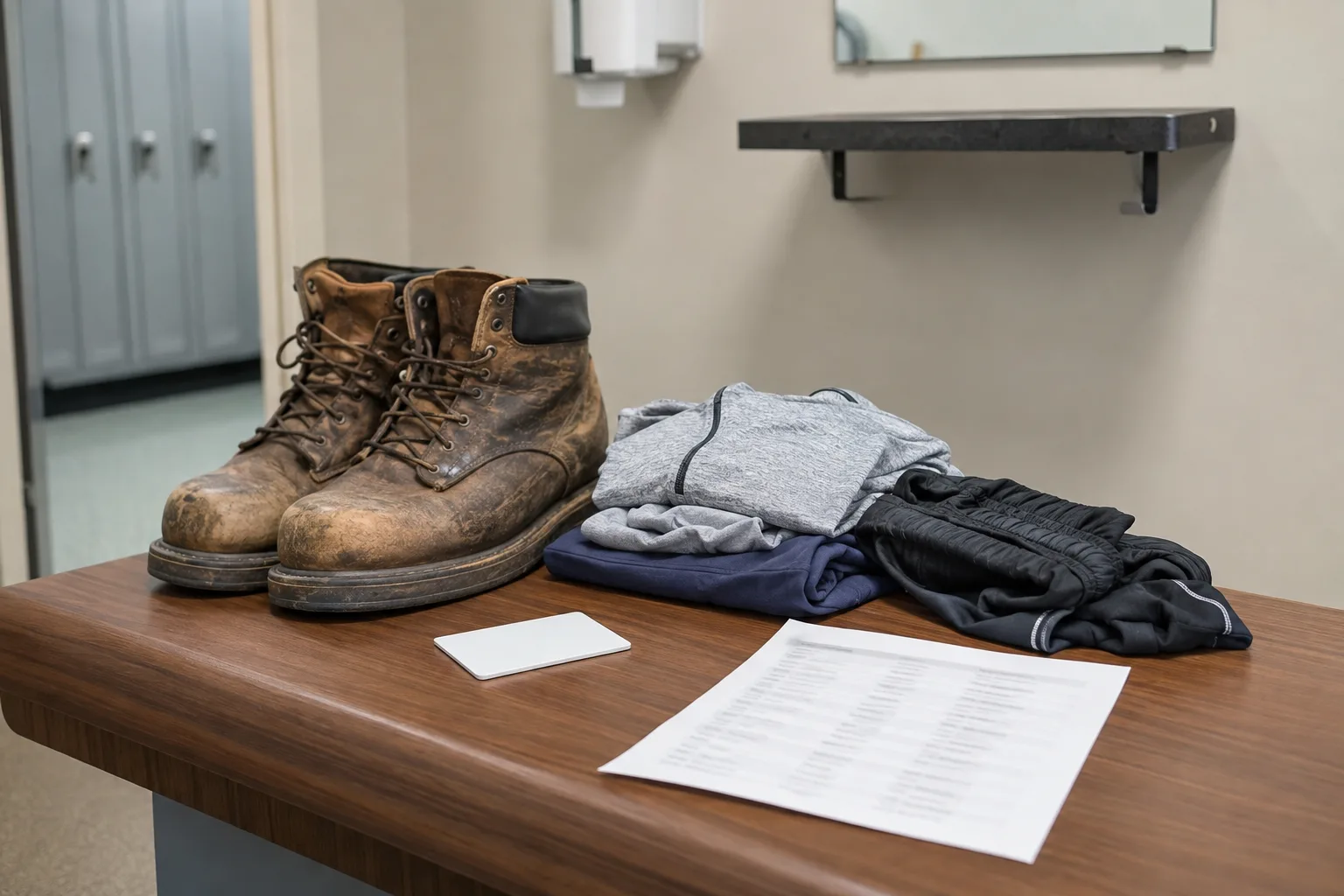 Clothing and appointment documents prepared for a functional capacity evaluation