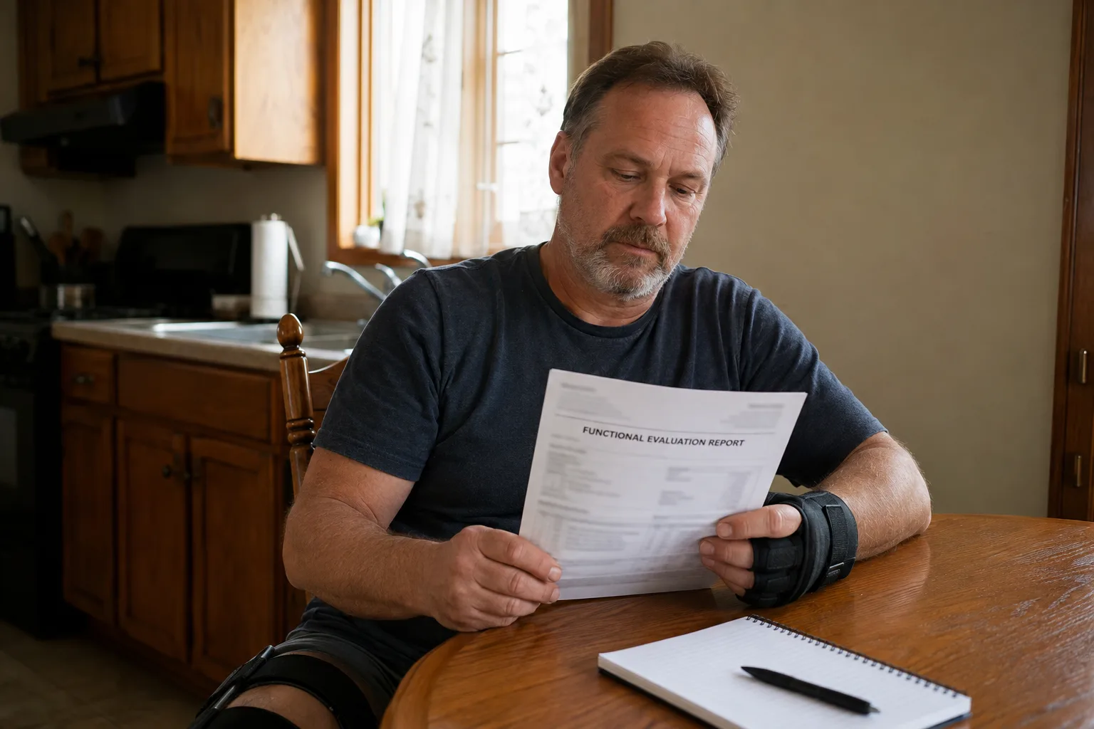 Indiana worker reviewing a functional capacity evaluation report at home