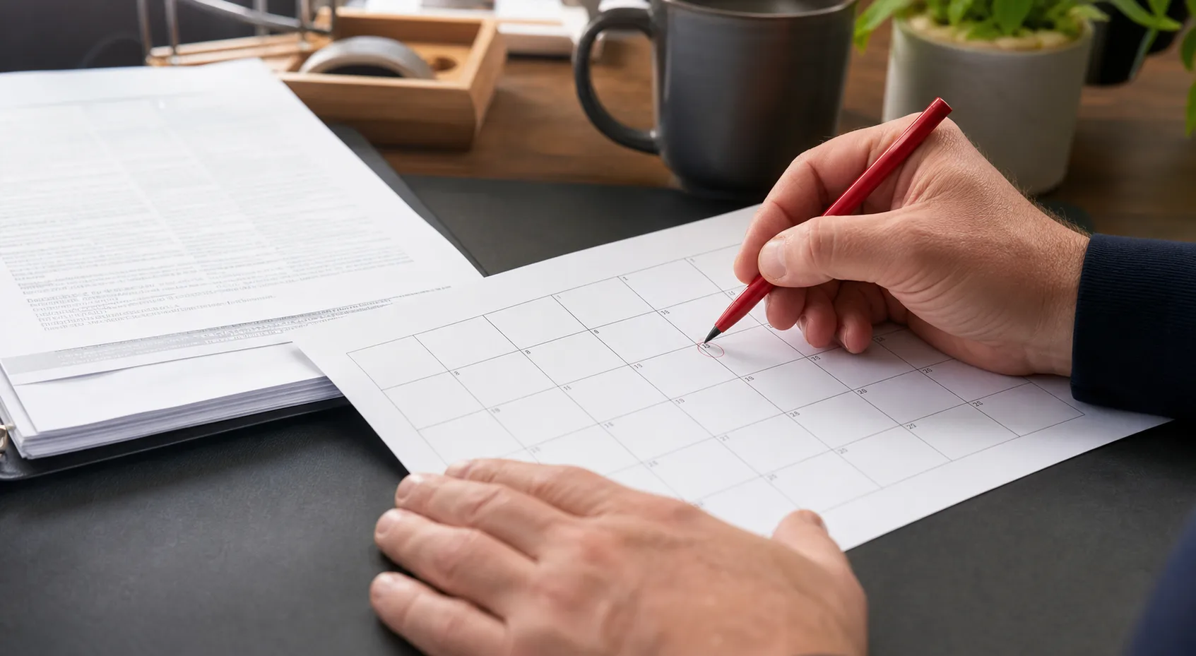 Hands marking a deadline on a calendar next to a legal document, symbolizing the tort claim notice deadline