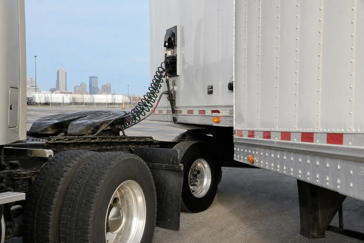 Semi-truck tractor and trailer connection at a sharp angle in a Fort Wayne-area inspection lot