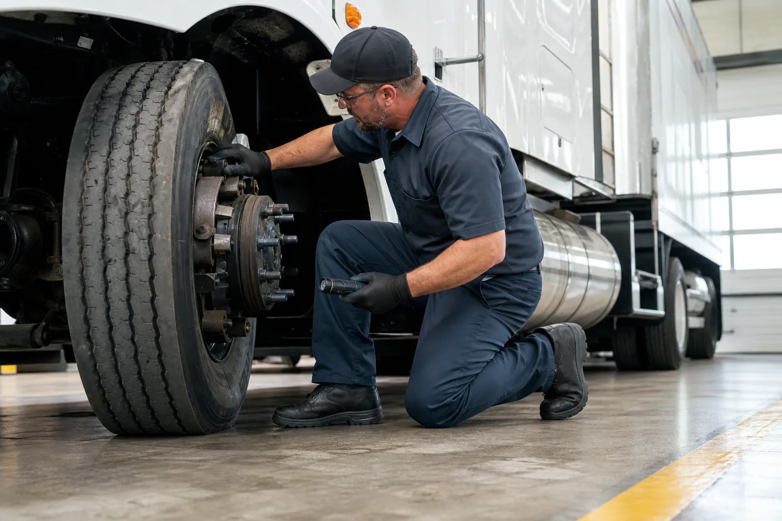 Commercial truck technician inspecting brakes and tires near Fort Wayne