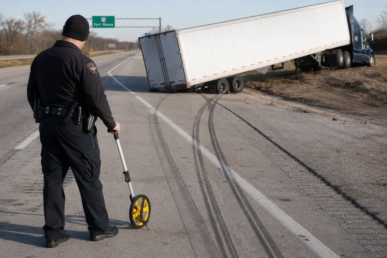 Investigator documenting tire marks beside a jackknifed semi near Fort Wayne