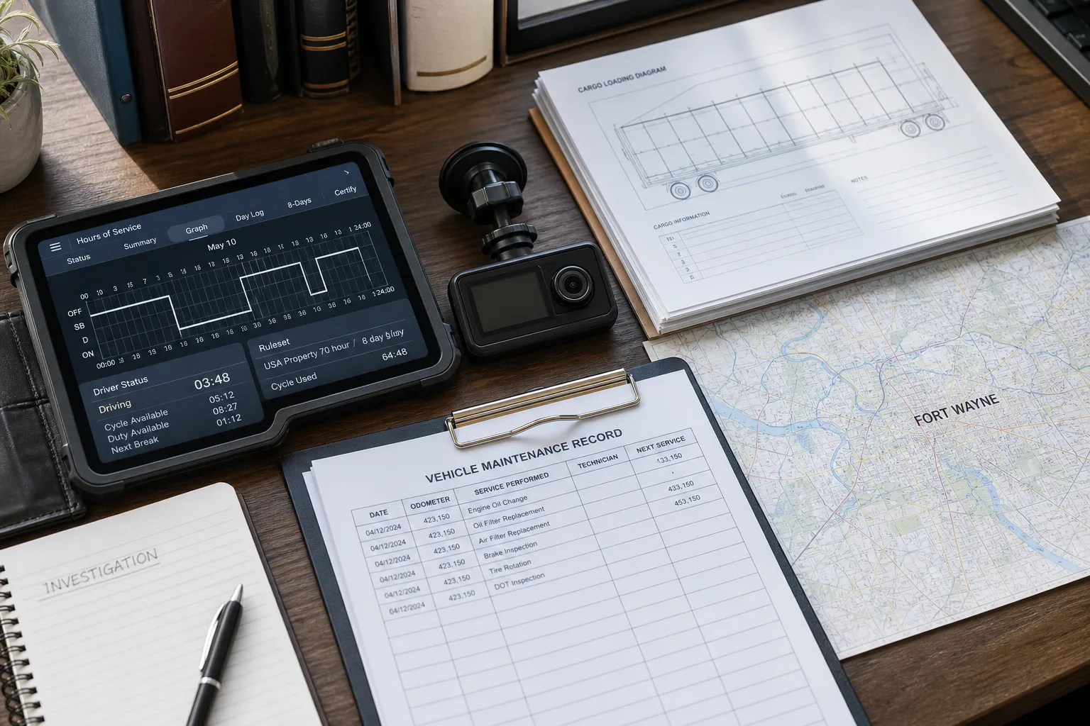Truck electronic logs, maintenance records, dash camera, and Fort Wayne road map organized on a desk