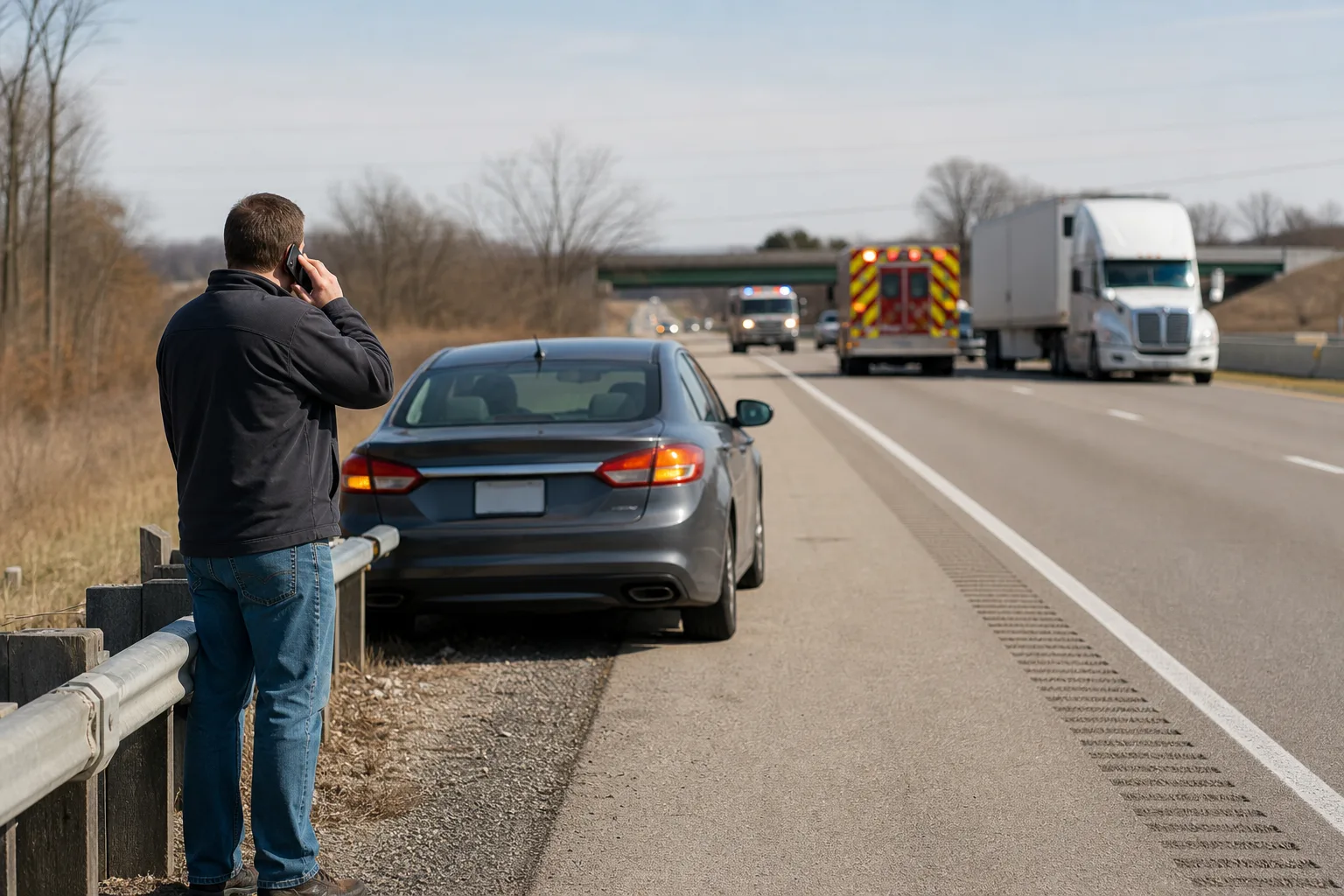 Driver calling for help from behind a guardrail after a truck incident on I-469