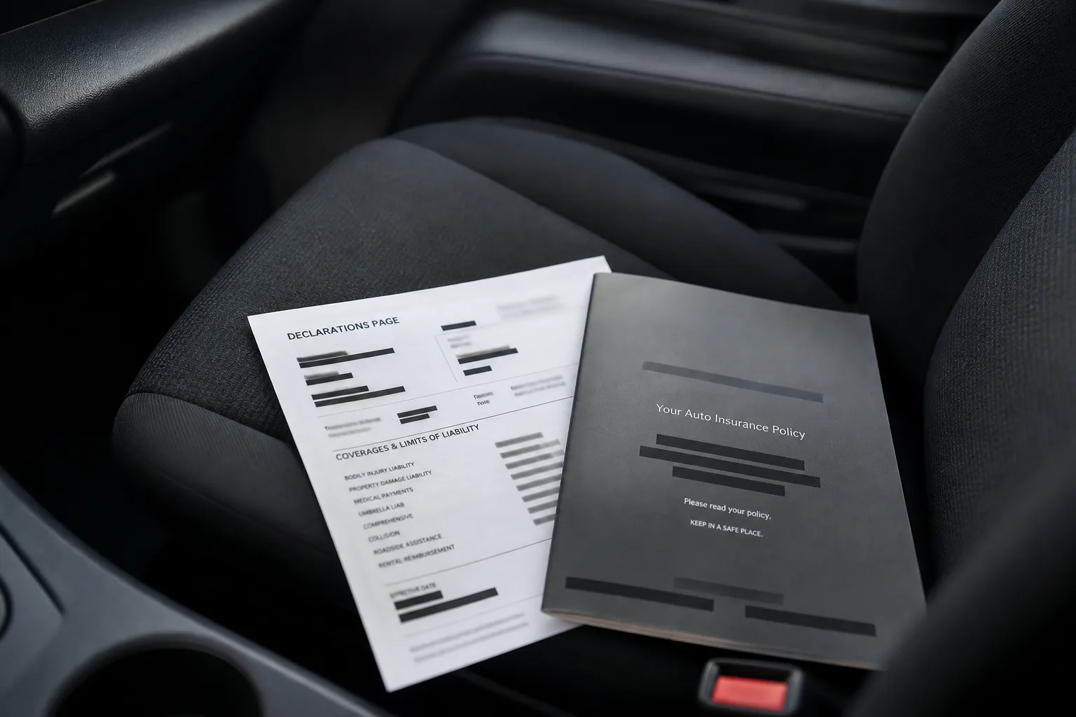 Auto insurance policy documents on the seat of a parked car