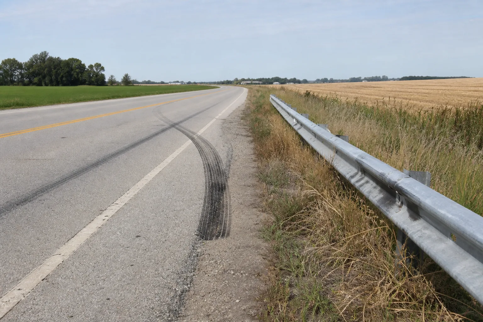 Tire marks leading toward a roadside guardrail in northeast Indiana